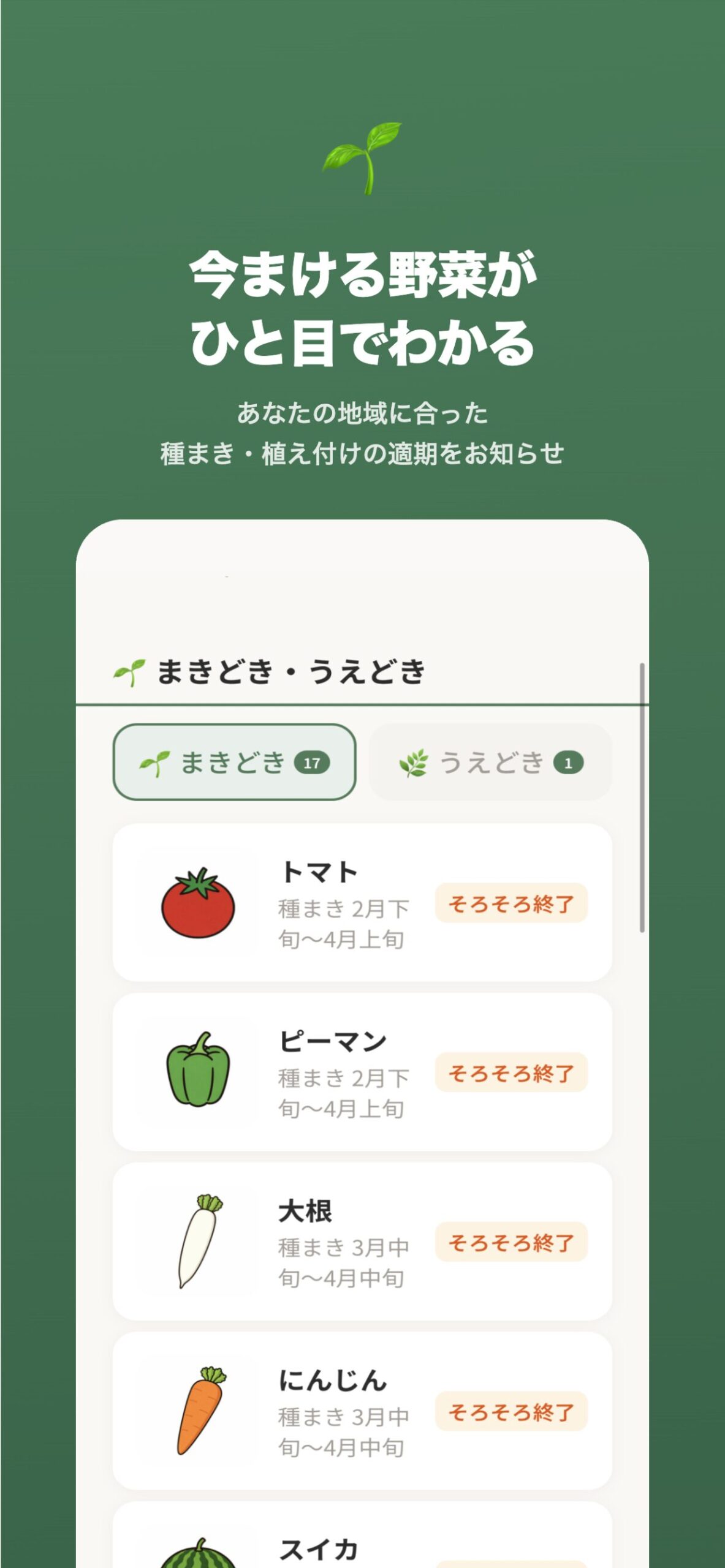 今まける野菜がひと目でわかる