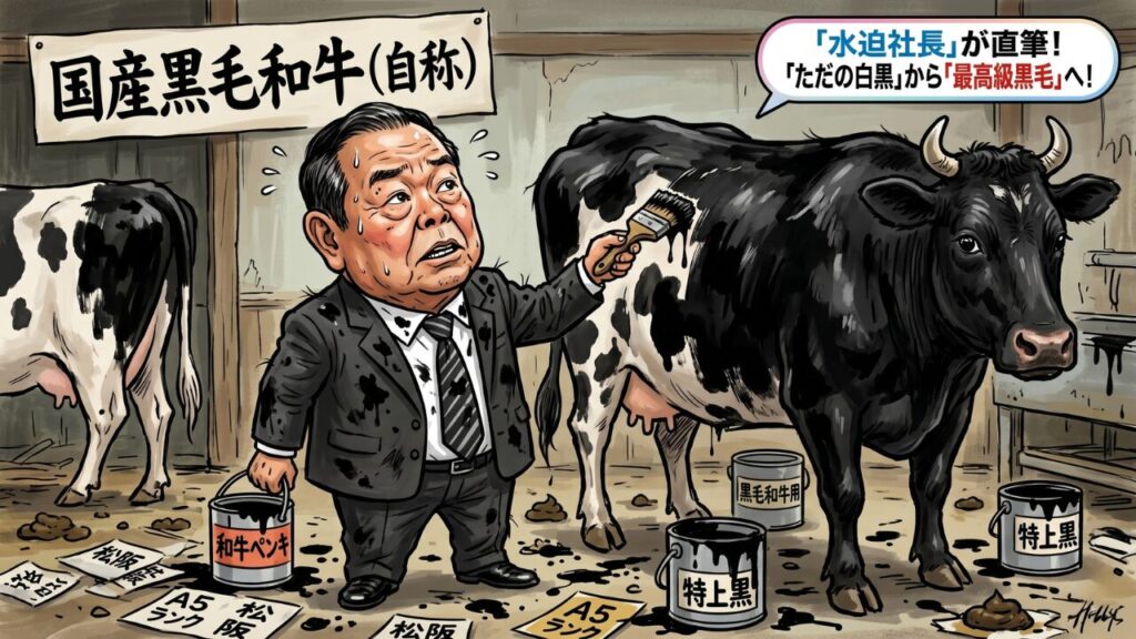 黒毛和牛偽装問題 水迫畜産の牛肉交雑種表示問題を解説するイメージ画像